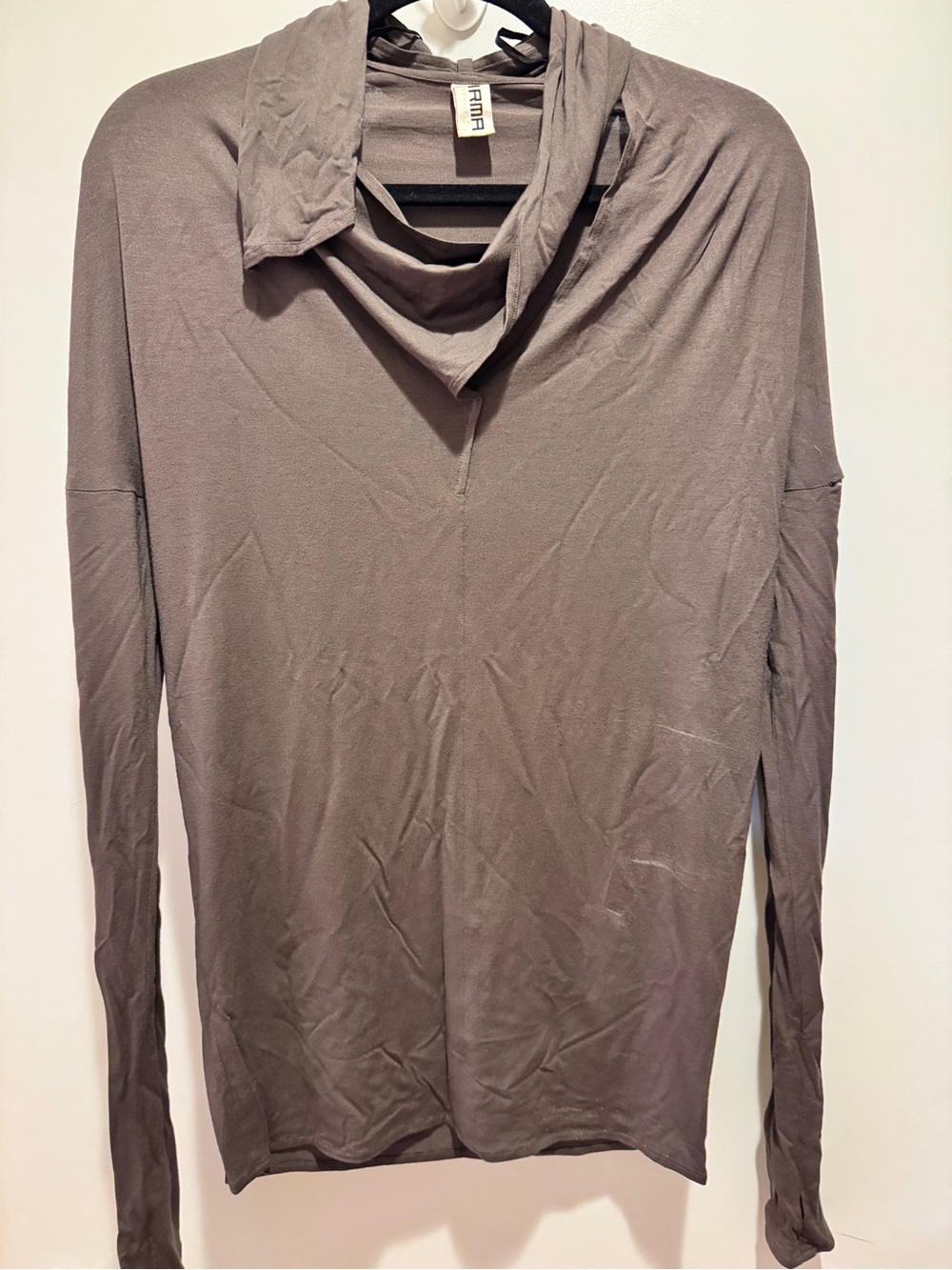 IRMA BERLIN Avant Garde Draped Cowl Hood Long Sleeve Top Dark Grey-S / M